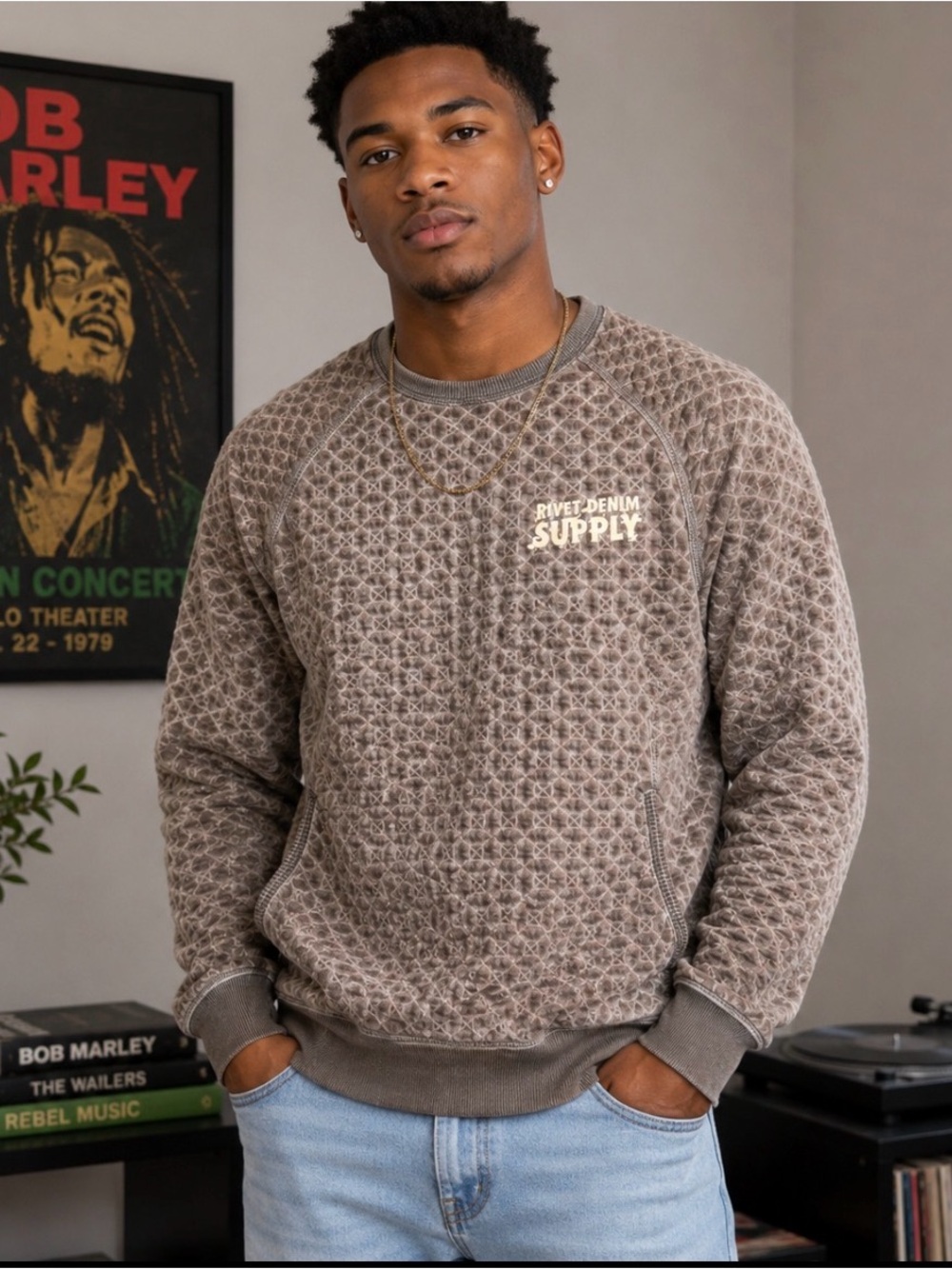 Rivet De Cru Quilted Thermal Crewneck Sweatshirt Men's Large Gray Brown Textured